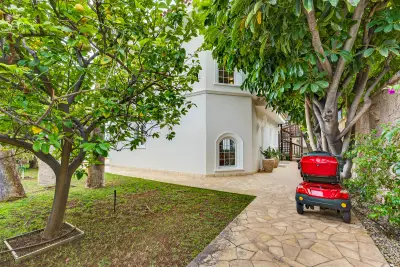 Entrada de la villa por un jardín de cítricos